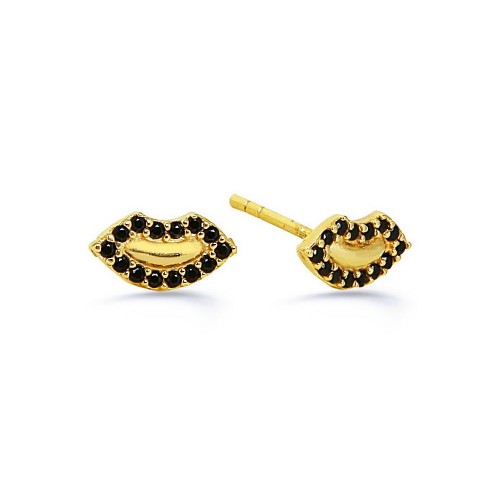 Lip Earring Black Stone- Gold