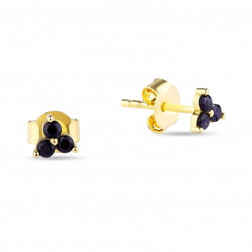 Three Tiny Flowery Studs Black Stone -Gold